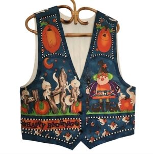 Vintage Handmade Halloween Short Coat Vest Witch Ghost Pumpkin Cat Print |Sz M L